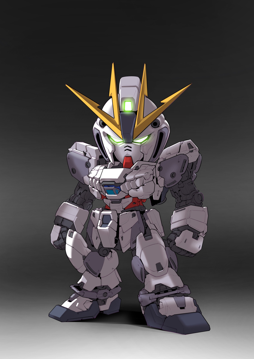 absurdres arms_at_sides chibi clenched_hands full_body glowing glowing_eyes gradient_background green_eyes gundam gundam_narrative highres looking_at_viewer making-of_available mecha mobile_suit narrative_gundam no_humans robot science_fiction sd_gundam shadow solo standing v-fin zakuma