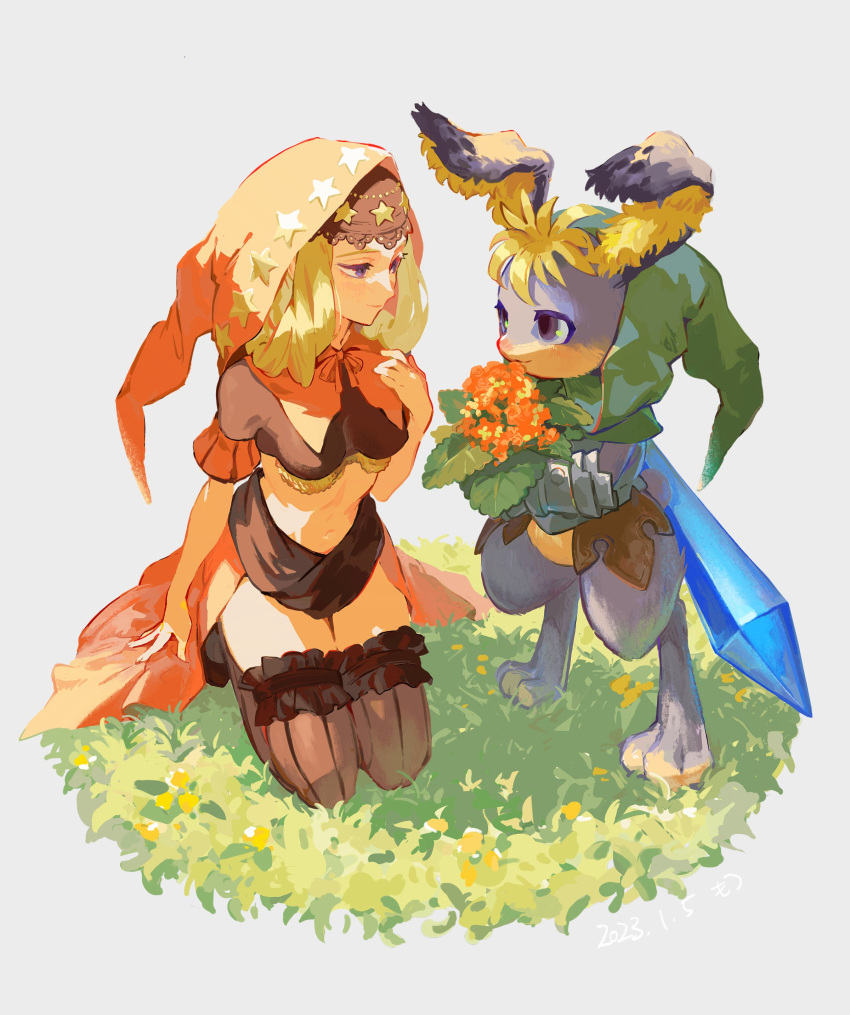 1boy 1girl absurdres armor black_veil blonde_hair blue_eyes blush bouquet breastplate brown_thighhighs cornelius_(odin_sphere) flower frilled_thighhighs frills full_body gauntlets grass hand_on_own_chest highres holding holding_bouquet hood hood_up kneeling looking_at_another mossan351 navel odin_sphere rabbit skirt smile standing sword thigh-highs veil velvet_(odin_sphere) weapon weapon_on_back white_background