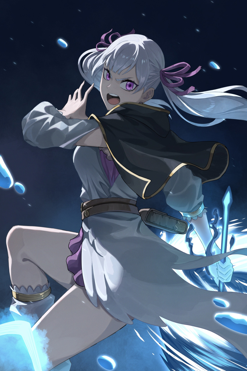 1girl absurdres black_clover dress hair_ribbon highres holding holding_wand long_hair looking_at_viewer noelle_silva open_mouth prayudi555 purple_ribbon ribbon solo twintails violet_eyes wand white_dress white_hair