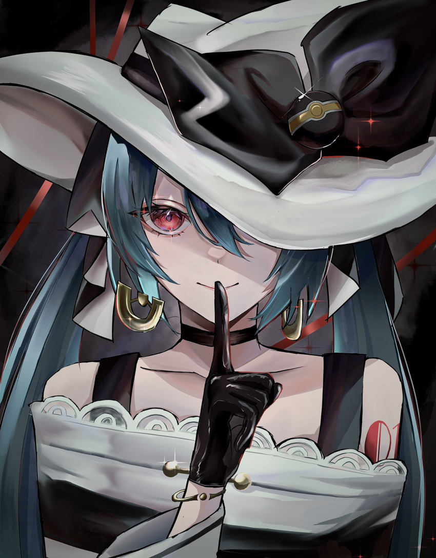 bare_shoulders beforecos black_bow black_choker black_gloves bow choker dark_green_hair dark_miku_(project_voltage) earrings gloves hair_between_eyes hat hat_bow hatsune_miku highres jewelry long_sleeves looking_at_viewer luxury_ball one_eye_covered poke_ball pokemon project_voltage red_eyes smile twintails vocaloid