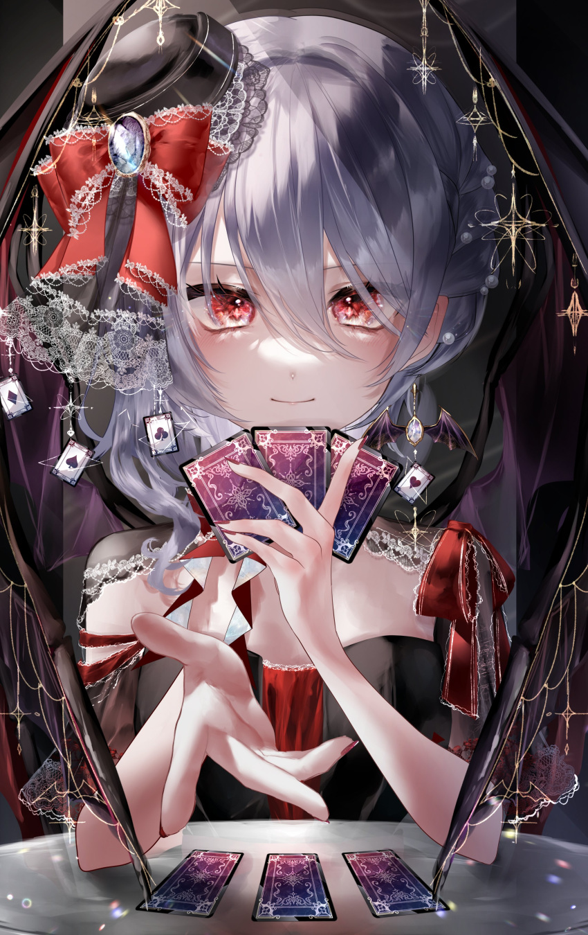 1girl absurdres alternate_costume black_headwear bow card closed_mouth commentary_request earrings hair_between_eyes hair_bow hair_intakes highres jewelry looking_at_viewer playing_card purple_hair red_bow red_eyes red_nails remilia_scarlet short_hair smile solo touhou yukia_(yukia_777)