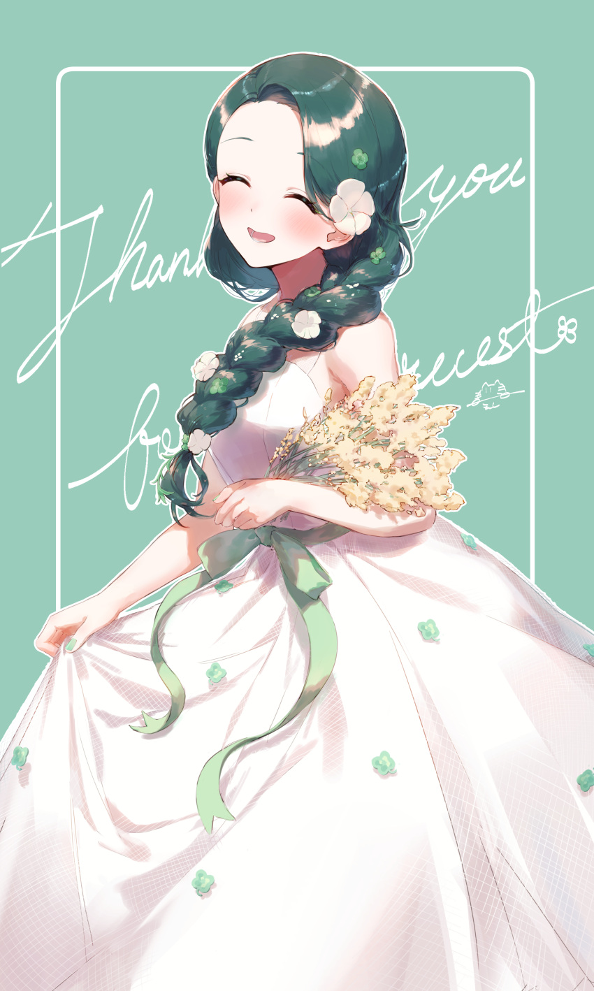 1girl absurdres blush bouquet braid braided_ponytail clover_hair_ornament commission dress eshineko flower green_background green_hair green_nails green_ribbon hair_flower hair_ornament highres holding holding_bouquet indie_virtual_youtuber long_hair open_mouth pixiv_commission ribbon skirt_hold solo standing sumi_suya thank_you virtual_youtuber white_dress
