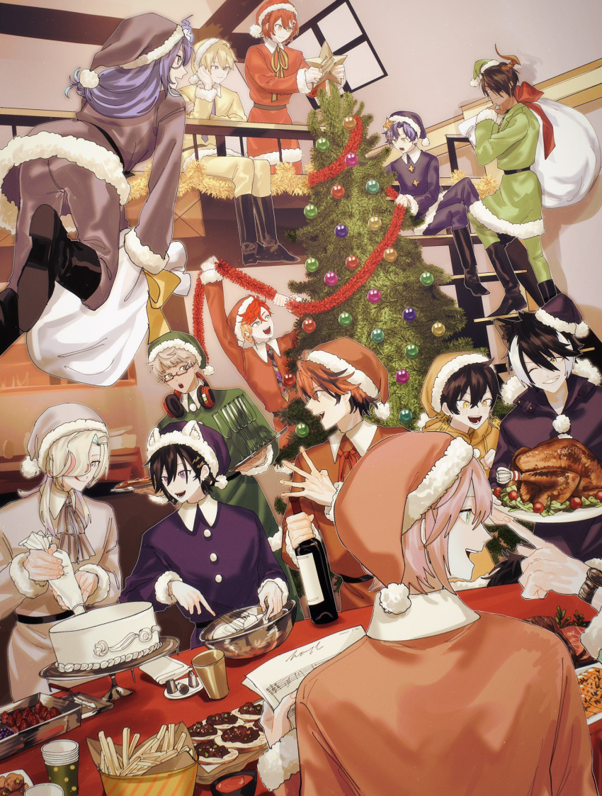 6+boys :d :q animal_ears animal_hat aqua_hair aragami_oga arurandeisu ascot astel_leda baking balcony belt black_belt black_hair black_necktie black_santa_costume blonde_hair blue_eyes blue_hair blue_necktie blue_santa_costume blueberry bottle brown_hair buttons cake cat_hat christmas christmas_ornaments christmas_tree clenched_hand closed_mouth collared_jacket cup curtained_hair daidou_shinove decorating disposable_cup drawstring drinking_glass earrings everyone eyepatch fangs floating flower food french_fries fruit full_body fur-trimmed_headwear fur_trim glasses green_eyes green_santa_costume grey_ascot grey_eyes grey_hair grey_santa_costume grin hair_between_eyes hair_flower hair_ornament hair_over_one_eye hanasaki_miyabi hat head_rest headphones headphones_around_neck highres hitodama hizaki_gamma holding holding_bottle holding_paper holding_sack holding_star holding_tray holding_whisk holostars horns indoors jackal_boy jackal_ears jackal_tail jacket jewelry kageyama_shien kanade_izuru ketchup kishido_temma lightning_bolt_hair_ornament lightning_bolt_symbol long_hair looking_at_another looking_at_food looking_to_the_side low-tied_long_hair male_focus meat medium_hair minase_rio mixing_bowl mole mole_under_eye momiage_40 multicolored_hair multicolored_necktie multiple_boys neck_ribbon necktie one_eye_closed open_mouth orange_hair orange_santa_costume out_of_frame paper pastry_bag pink_hair pink_santa_costume pizza plate pointing pom_pom_(clothes) profile purple_hair purple_santa_costume red_ribbon redhead ribbon rikka_(holostars) sack santa_costume santa_hat sheet_music short_hair sideways_glance single_horn sitting smile sparkling_eyes stairs standing star_(symbol) strawberry streaked_hair table tail toast tongue tongue_out tray turkey_(food) upper_body utsugi_uyu v-shaped_eyebrows violet_eyes virtual_youtuber walking watch watch whipped_cream whisk whisking white_hair window wine_bottle wine_glass yatogami_fuma yellow_eyes yellow_ribbon yellow_santa_costume yukoku_roberu
