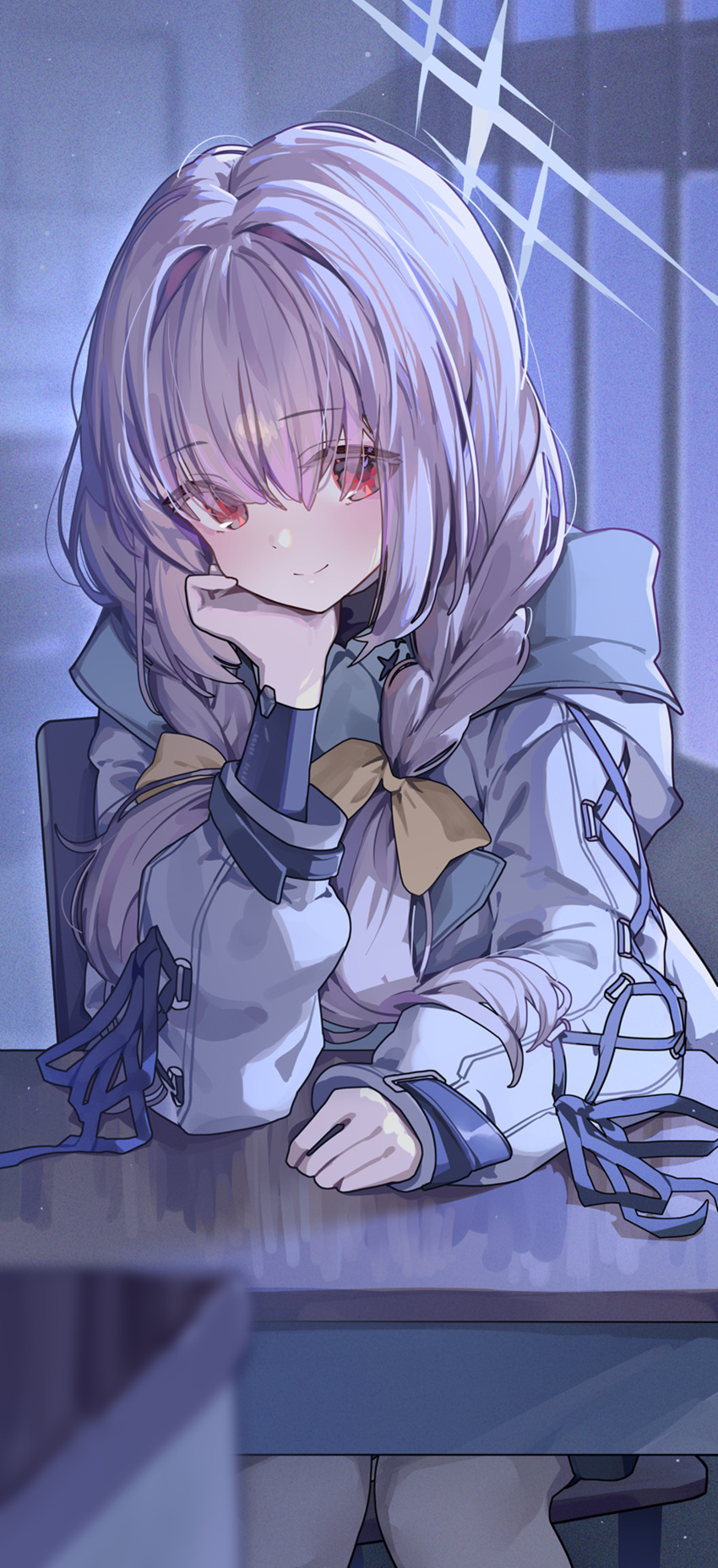 1girl absurdres atsuko_(blue_archive) blue_archive blush bow braid hair_bow hair_over_eyes halo hand_on_own_cheek hand_on_own_face head_rest highres hood hooded_jacket indoors jacket looking_at_viewer ningen_mame purple_hair red_eyes sitting smile solo twin_braids white_jacket