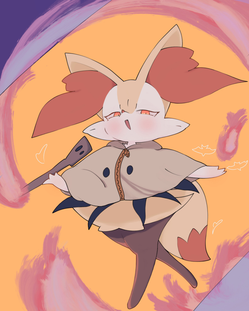 1girl animal_ear_fluff animal_ears animal_nose black_fur blush body_fur braixen brown_capelet capelet clothed_pokemon commentary_request cosplay fang fire fox_ears fox_girl fox_tail full_body furry furry_female half-closed_eyes happy heart highres holding holding_stick looking_at_viewer mimikyu mimikyu_(cosplay) multicolored_fur open_mouth orange_background orange_eyes pokemon pokemon_(creature) sakuyan_(sakuyan1007) smile snout solo standing stick tail walking white_fur yellow_fur zipper zipper_pull_tab