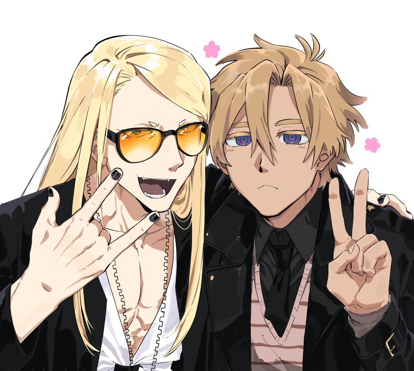 2boys :&lt; :d \m/ abs arm_around_shoulder black_jacket black_nails black_necktie black_shirt blonde_hair brown_sweater_vest collared_shirt colored_eyelashes curtained_hair daybit_sem_void fangs fate/grand_order fate_(series) flower_(symbol) green_eyes hair_between_eyes highres hunyangzi jacket jewelry jitome light_blush long_hair looking_at_viewer male_focus multiple_boys necklace necktie open_clothes open_jacket orange-tinted_eyewear pectoral_cleavage pectorals plunging_neckline shirt short_eyebrows short_hair simple_background smile sunglasses sweater_vest swept_bangs tezcatlipoca_(fate) tinted_eyewear upper_body v violet_eyes white_background white_shirt