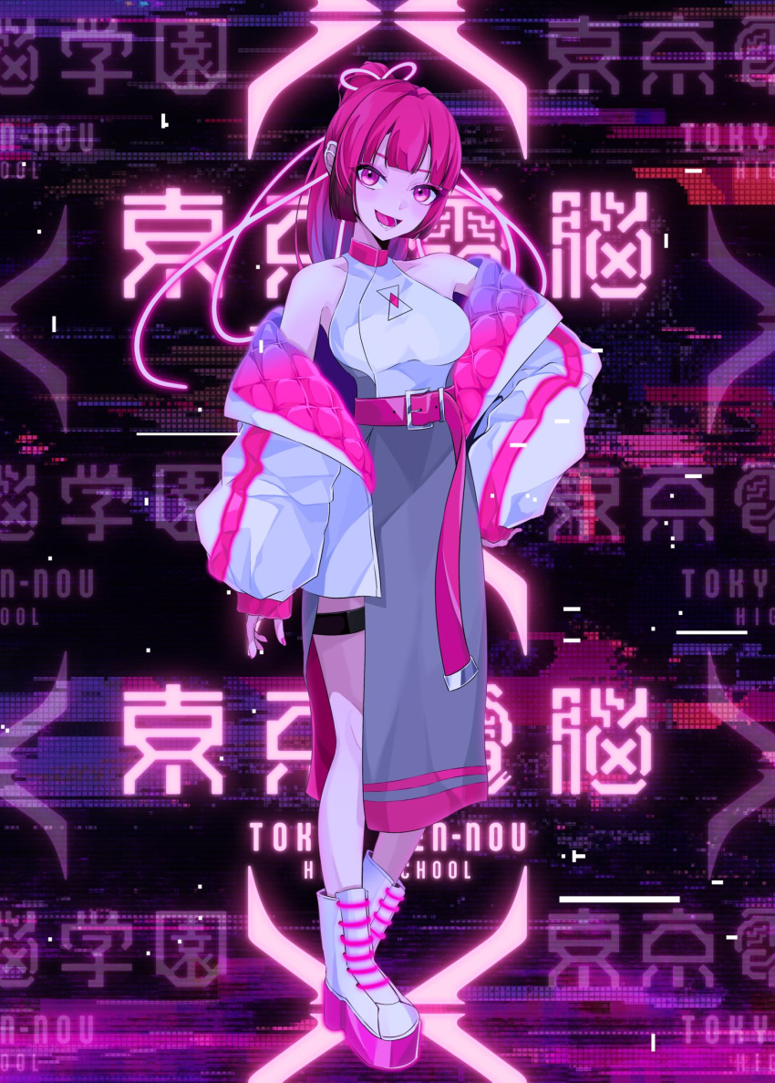 1girl artist_request belt boots breasts denonbu full_body glowing grey_skirt hand_on_own_hip highres jacket kanou_hikari large_breasts logo long_hair long_sleeves looking_at_viewer nail_polish off_shoulder official_art open_clothes open_jacket open_mouth pink_belt pink_eyes pink_hair pink_nails platform_footwear ponytail shirt side_slit skirt sleeveless sleeveless_shirt smile solo standing thigh_strap white_footwear white_jacket white_shirt