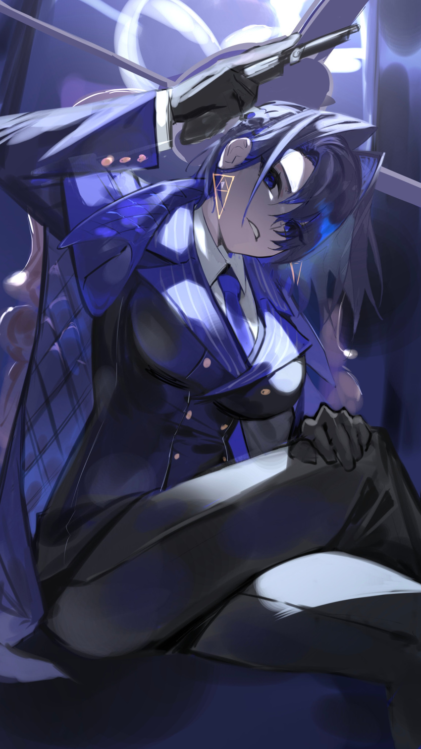 1girl absurdres black_gloves black_pants blue_eyes blue_hair blue_necktie collared_shirt earrings gloves gun hair_intakes head_tilt highres holding holding_gun holding_weapon hololive hololive_english jacket jacket_on_shoulders jewelry kouhiipan mafia_(vocaloid) necktie ouro_kronii pants shirt sitting solo suit virtual_youtuber weapon white_shirt