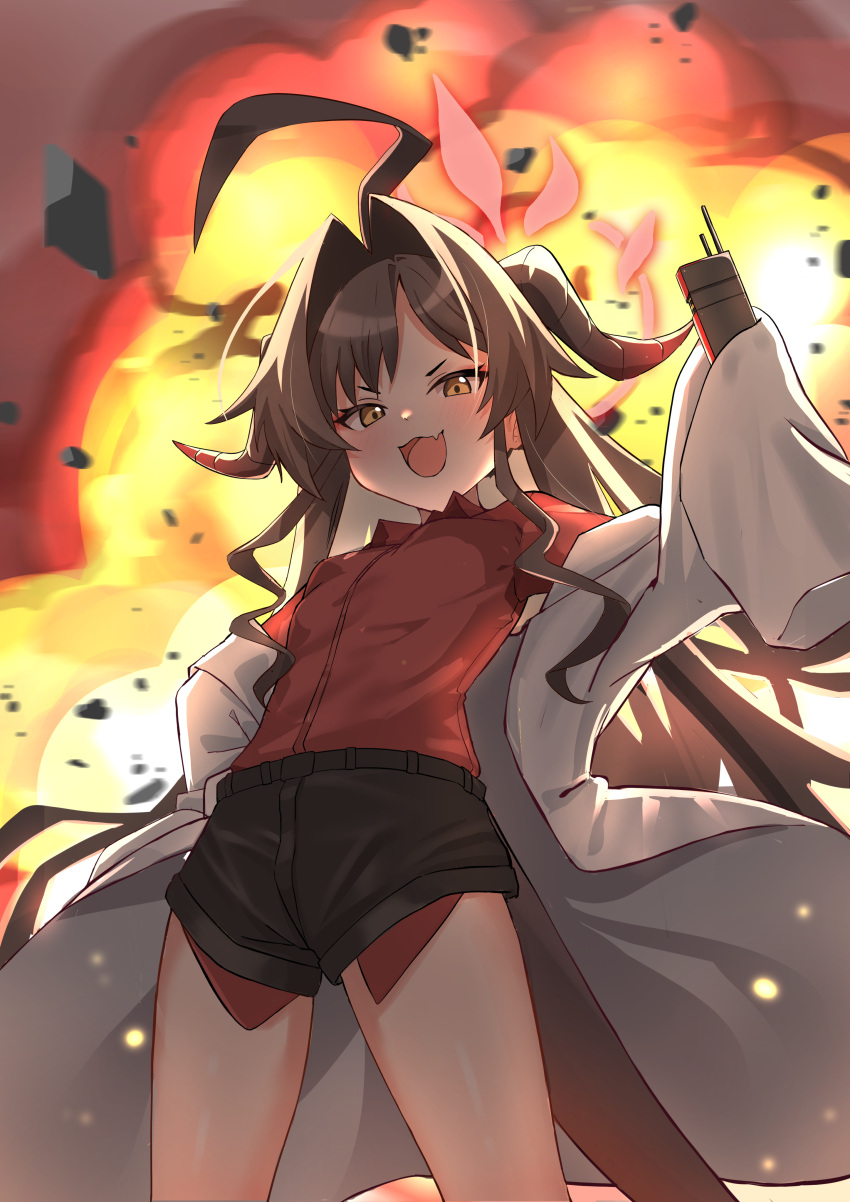 1girl absurdres ahoge black_hair black_horns black_shorts blue_archive blush coat collared_shirt demon_horns explosion fang hair_intakes halo highres holding horns kasumi_(blue_archive) lab_coat long_hair olecafe2 open_mouth red_halo red_shirt shirt shirt_tucked_in shorts skin_fang sleeves_past_fingers sleeves_past_wrists smile solo walkie-talkie white_coat yellow_eyes