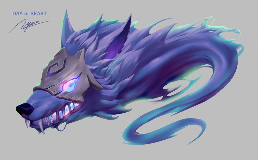 english_text from_side glowing glowing_eyes grey_background highres kim_ngoc kindred_(league_of_legends) league_of_legends mask no_humans open_mouth sharp_teeth signature simple_background solo spirit teeth violet_eyes wolf_(league_of_legends)