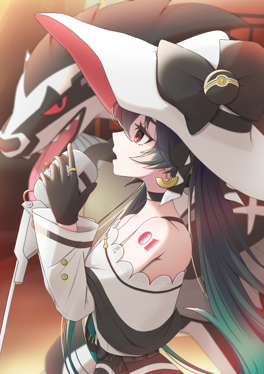 absurdres bare_shoulders black_bow black_choker black_gloves bow choker dark_green_hair dark_miku_(project_voltage) earrings from_side gloves hat hat_bow hatsune_miku highres jewelry long_hair long_sleeves luxury_ball mochitaro_(mothitaroo) music obstagoon open_mouth poke_ball pokemon pokemon_(creature) project_voltage red_eyes ring singing tongue tongue_out very_long_hair vocaloid