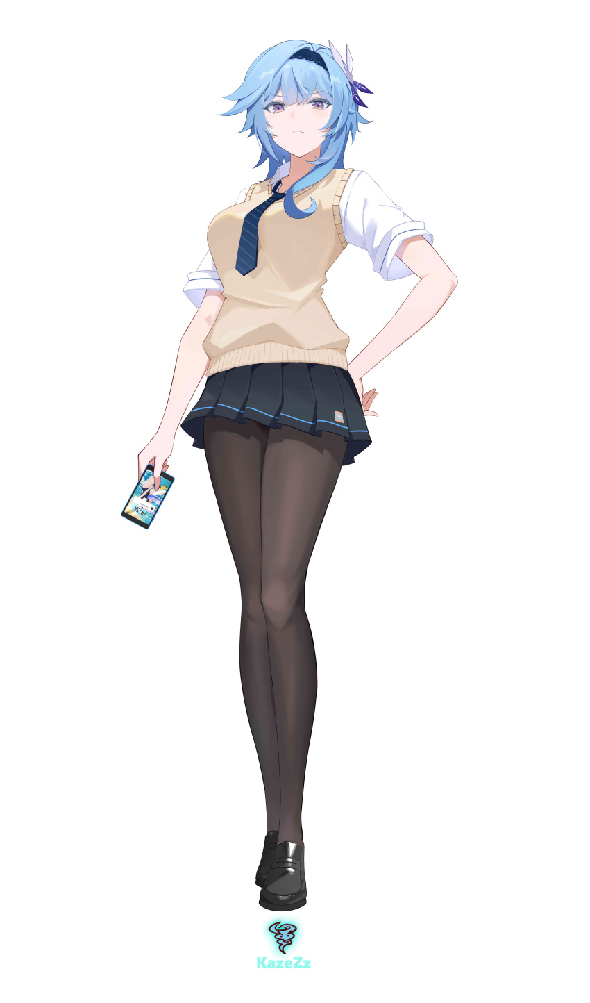 1girl absurdres alternate_costume artist_name black_footwear black_pantyhose blue_eyes blue_hairband blue_necktie cellphone closed_mouth collared_shirt commentary_request diagonal-striped_necktie eula_(genshin_impact) full_body genshin_impact hairband hand_on_own_hip highres holding holding_phone kazezz loafers long_hair looking_at_viewer necktie pantyhose phone pleated_skirt shirt shoes simple_background skirt smartphone solo sweater_vest vest violet_eyes white_background white_shirt yellow_vest