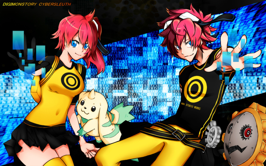 1boy 1girl 2others aiba_ami aiba_takumi black_gloves black_shirt black_skirt blue_eyes chinke copyright_name digimon digimon_story:_cyber_sleuth english_text gloves goggles goggles_on_head hagurumon highres long_hair looking_at_viewer multiple_others pants redhead shirt short_hair side_ponytail single_glove skirt terriermon thigh-highs two-tone_shirt yellow_pants yellow_shirt yellow_thighhighs