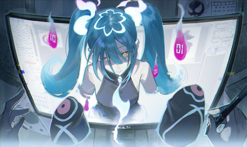 1girl absurdres aqua_hair bare_shoulders detached_sleeves gastly ghost ghost_miku_(project_voltage) glitch grey_shirt hair_between_eyes hatsune_miku highres holding holding_pen long_hair looking_at_viewer monitor necktie pale_skin pen pokemon pokemon_(creature) project_voltage shirt sleeves_past_fingers sleeves_past_wrists sumery through_screen twintails very_long_hair vocaloid will-o'-the-wisp_(mythology) yellow_eyes