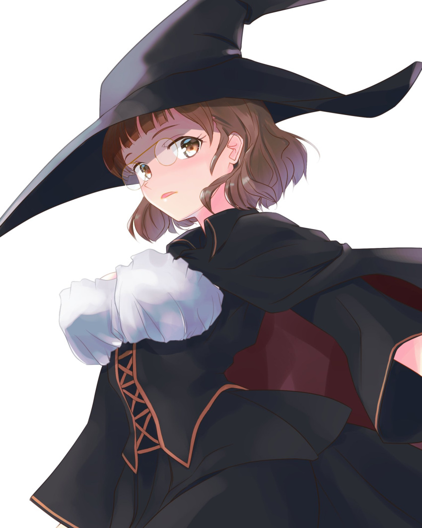 1girl alternate_costume black_cape black_dress blunt_bangs breasts brown_eyes brown_hair cape commentary_request cowboy_shot dress hat highres kantai_collection large_breasts looking_at_viewer pince-nez roma_(kancolle) short_hair simple_background solo tsukasa_(tukasa_br) wavy_hair white_background witch_hat