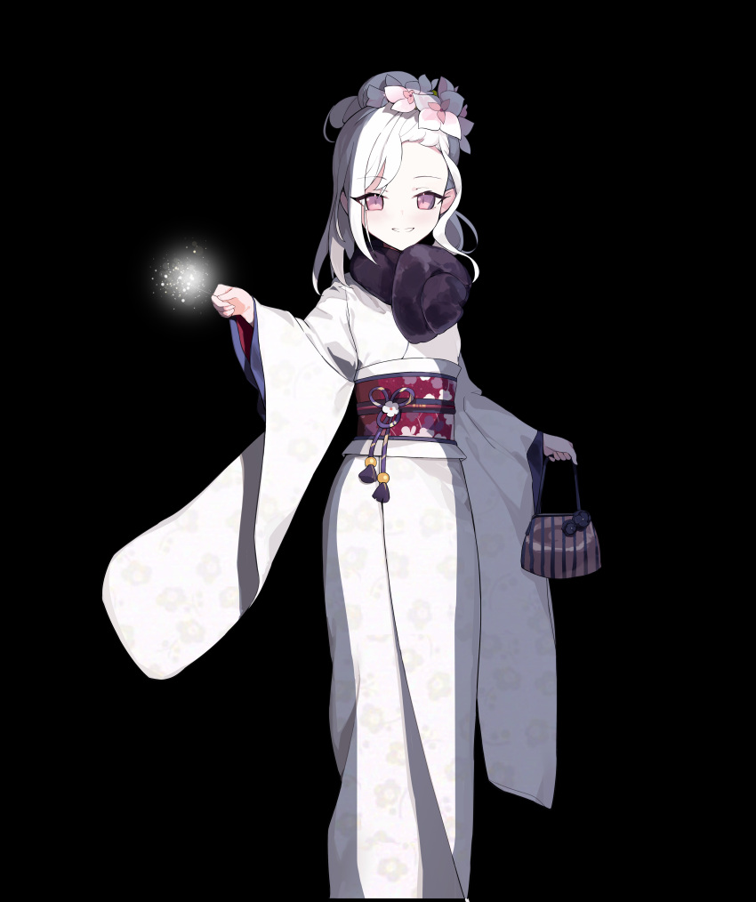 1girl absurdres black_background blue_archive feet_out_of_frame flower gong_cha grey_hair hair_flower hair_ornament halo highres holding_fireworks japanese_clothes kimono long_sleeves mutsuki_(blue_archive) mutsuki_(new_year)_(blue_archive) obi pink_flower pointy_ears red_halo sash short_hair simple_background smile solo violet_eyes white_kimono wide_sleeves