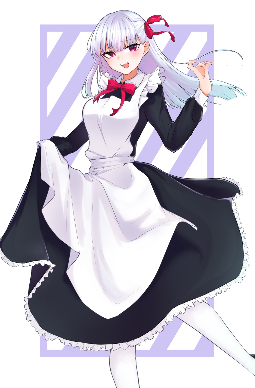 1girl absurdres alternate_costume aoooi1031 apron black_dress bow bowtie breasts dress enmaided fate/grand_order fate_(series) frilled_dress frills grey_hair hair_ribbon highres kama_(fate) long_hair long_sleeves looking_at_viewer maid maid_apron medium_breasts open_mouth red_bow red_bowtie red_ribbon ribbon round_teeth solo teeth upper_teeth_only violet_eyes white_apron
