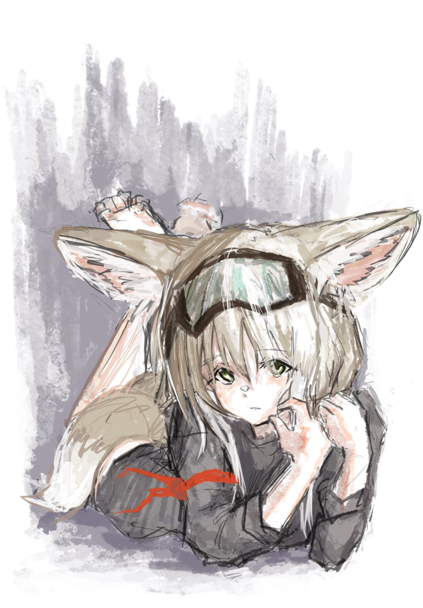 1girl animal_ears arknights barefoot blonde_hair closed_mouth commentary_request fox_ears fox_girl fox_tail goggles goggles_on_head green_eyes highres looking_at_viewer lying mashiro_(mashilolicon) on_stomach solo suzuran_(arknights) suzuran_(lostlands_flowering)_(arknights) tail