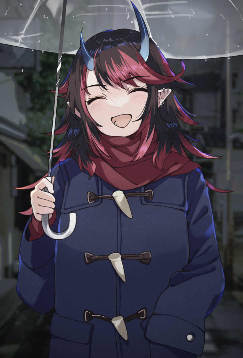 1girl :d absurdres alternate_costume black_hair blue_coat blush closed_eyes coat commentary_request demon_girl demon_horns ear_piercing earrings highres holding holding_umbrella horns jewelry long_hair multicolored_hair nanashi_inc. open_mouth piercing pointy_ears rain red_scarf redhead ryugasaki_rene scarf sleeves_past_fingers sleeves_past_wrists smile solo sugar_lyric transparent transparent_umbrella two-tone_hair umbrella upper_body virtual_youtuber zono_(inokura_syuzo029)