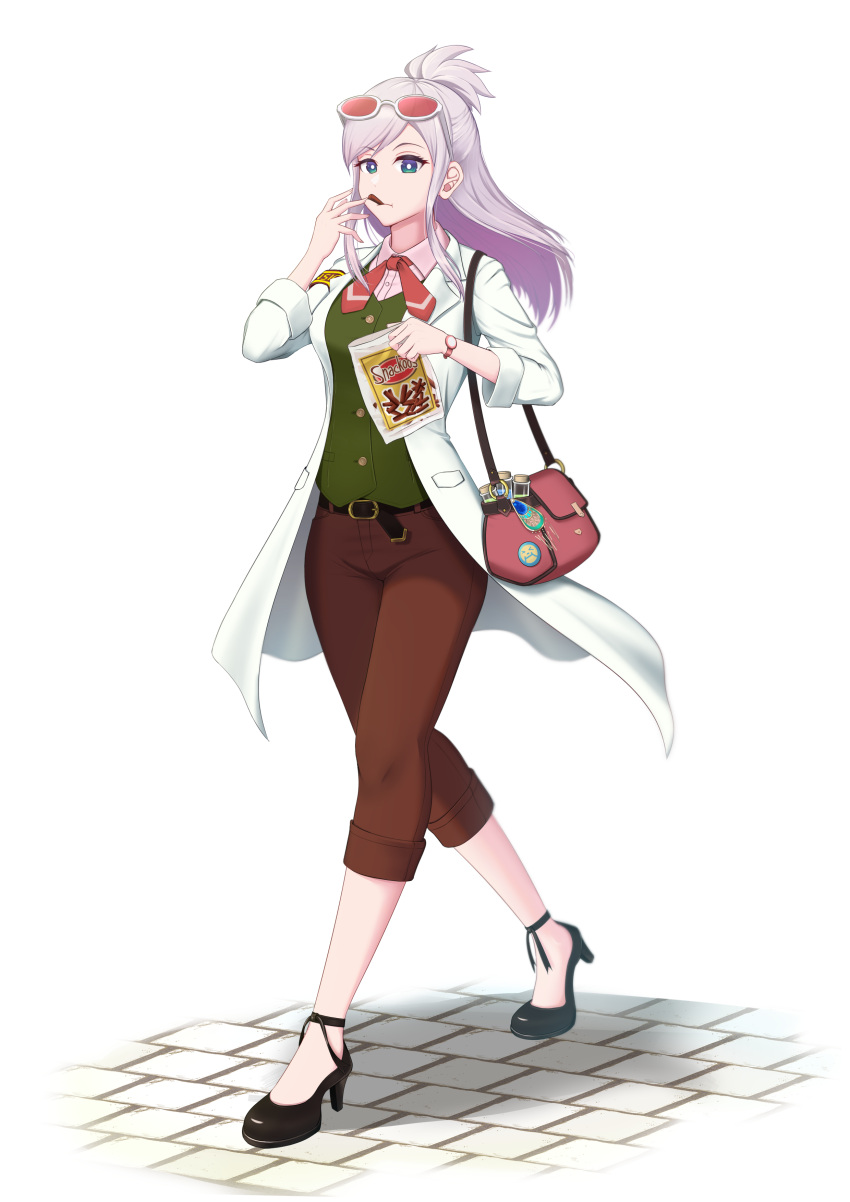 1girl absurdres ace_attorney apollo_justice:_ace_attorney armband bag belt black_belt black_footwear breasts brick_road bright_pupils brown_pants collared_shirt commission cosplay ema_skye ema_skye_(cosplay) eyewear_on_head food_in_mouth girarikyo green_eyes green_vest grey_hair handbag high_heels highres hololive hololive_indonesia lab_coat long_hair neckerchief pants pavolia_reine pink_bag pink_shirt red_neckerchief shirt solo test_tube vest virtual_youtuber watch watch white_pupils