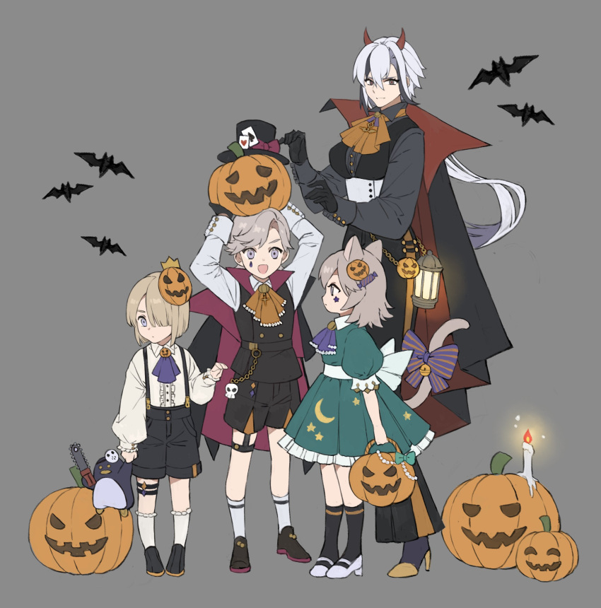 2boys 2girls :d aged_down animal_ears arlecchino_(genshin_impact) arms_up ascot bat_(animal) bell black_cape black_eyes black_footwear black_gloves black_hair black_headwear black_shirt black_shorts black_socks black_vest blonde_hair blue_eyes bow brooch brother_and_sister brothers buttons candle candy_hair_ornament cape cat_ears cat_girl cat_tail center_frills chain child closed_mouth collared_cape collared_shirt commentary crescent cross crossed_bangs demon_horns dress expressionless eyelashes facial_mark fire floating_hair food-themed_hair_ornament freminet_(genshin_impact) frilled_dress frills genshin_impact gloves green_dress grey_background grey_hair hair_between_eyes hair_ornament hair_over_one_eye halloween halloween_bucket halloween_costume hands_up hat hat_bow highres holding holding_stuffed_toy horns jack-o'-lantern jewelry jingle_bell lantern long_hair long_sleeves looking_at_viewer low_ponytail lynette_(genshin_impact) lyney_(genshin_impact) mask mask_on_head medium_hair multicolored_hair multiple_boys multiple_girls one_eye_covered open_mouth orange_ascot papajay_(jennygin2) parted_bangs pers_(genshin_impact) ponytail puffy_short_sleeves puffy_sleeves pumpkin pumpkin_brooch pumpkin_hair_ornament purple_ascot purple_bow red_bow red_cape red_horns red_pupils shirt shoes short_hair short_sleeves shorts siblings simple_background sleeve_cuffs smile socks star_(symbol) star_facial_mark streaked_hair stuffed_animal stuffed_penguin stuffed_toy suspender_shorts suspenders swept_bangs symbol-only_commentary symbol-shaped_pupils tail tail_bell tail_bow tail_ornament teardrop_facial_mark thigh_strap top_hat two-sided_cape two-sided_fabric v-shaped_eyebrows vest violet_eyes white_footwear white_hair white_shirt white_socks x-shaped_pupils