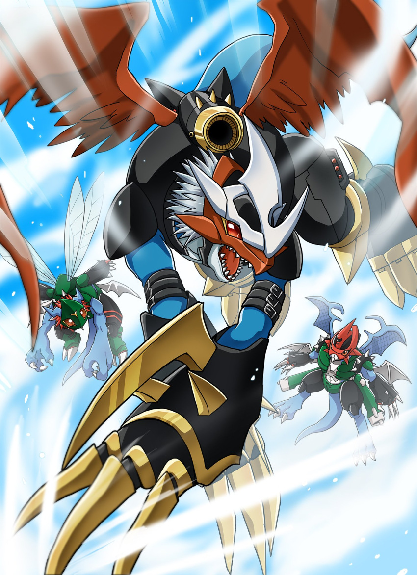 3others armor blue_sky bug claws digimon digimon_(creature) dinobeemon flying highres imperialdramon multiple_others no_humans open_mouth outdoors paildramon shiki_digi sky tail wings