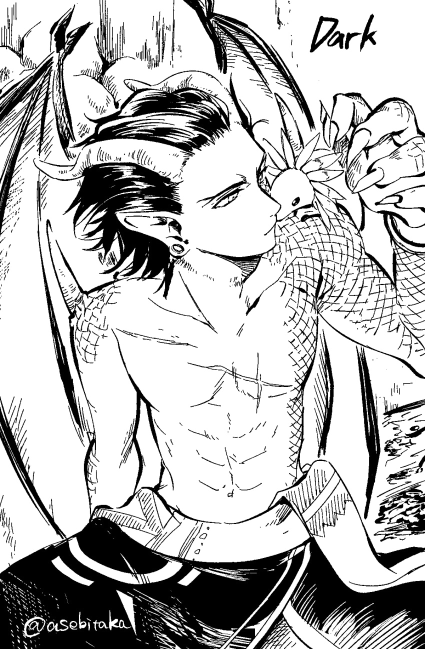 1boy arc_the_lad arc_the_lad_twilight_of_the_spirits character_name claws closed_mouth creature darc_(arc_the_lad) demon_boy earrings greyscale haiki_(takaibone) highres horns jewelry male_focus monochrome scales scar topless_male twitter_username wings