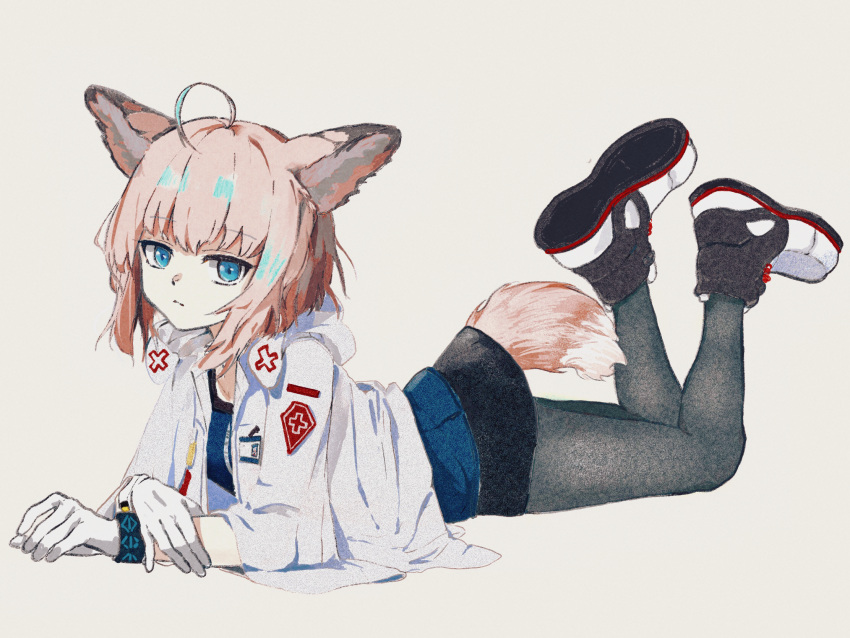 1326496175 1girl ahoge animal_ear_fluff animal_ears arknights black_pantyhose black_skirt blonde_hair blue_eyes blue_shirt breasts closed_mouth collarbone fox_ears fox_girl fox_tail full_body gloves grey_background highres jacket legs_up long_sleeves looking_at_viewer lying on_stomach pantyhose shirt shoe_soles shoes simple_background skirt small_breasts sussurro_(arknights) tail white_footwear white_gloves white_jacket wide_sleeves