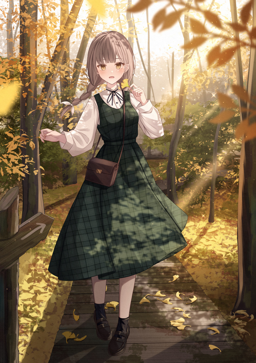 1girl :d absurdres arrow_(symbol) autumn autumn_leaves bag black_footwear black_ribbon black_socks blunt_bangs blurry brown_hair depth_of_field dress forest frilled_shirt_collar frills full_body ginkgo_leaf green_dress hair_ribbon highres holding holding_leaf leaf light_blush light_rays loafers long_hair long_sleeves looking_at_viewer nature neck_ribbon original outdoors path pinafore_dress plaid plaid_dress ribbon senri_(senri_sen) shirt shoes shoulder_bag sign sleeveless sleeveless_dress smile socks twintails white_ribbon white_shirt yellow_eyes