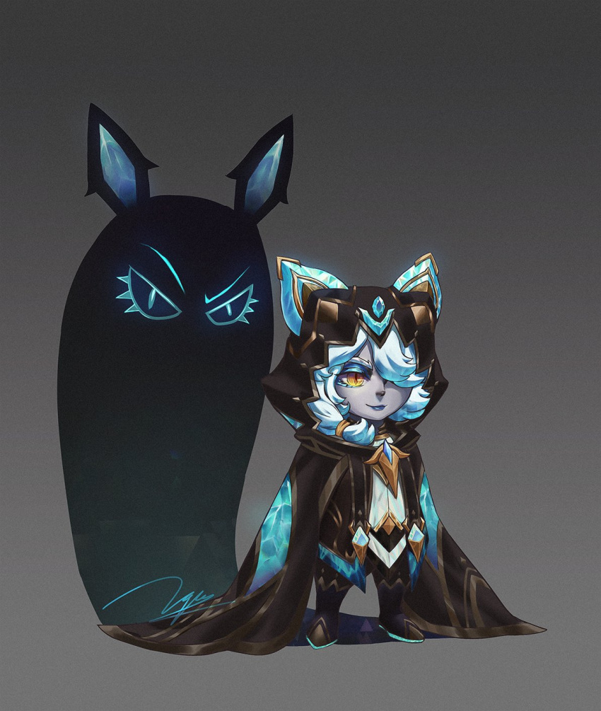 1girl brown_cape cape closed_mouth gradient_background hair_ornament hair_over_one_eye highres hood hooded_cape kim_ngoc league_of_legends medium_hair orange_eyes shoes signature smile solo standing vex_(league_of_legends) vex_shadow_(league_of_legends) white_hair yordle