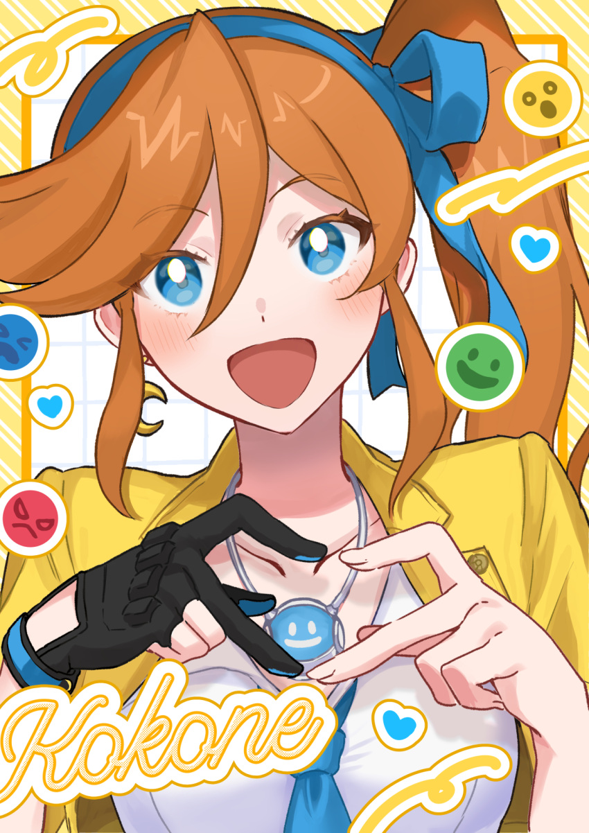 1girl :d ace_attorney athena_cykes black_gloves blue_eyes blue_ribbon blush character_name collared_shirt gloves gumi_(gelatin) hair_ribbon heart heart_hands highres jacket jewelry long_hair looking_at_viewer necklace open_mouth orange_hair partially_fingerless_gloves ribbon shirt side_ponytail smile solo upper_body white_shirt yellow_jacket