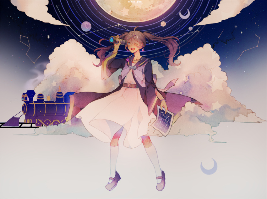 1girl ahoge back_bow belt belt_buckle blue_bow blue_bowtie blue_eyes blue_robe blue_sailor_collar blue_sky bow bowtie bracelet brown_belt brown_hair buckle chin clouds collared_robe commentary commission constellation crescent dress earrings english_commentary freckles full_body full_moon gold_trim gradient_sky hair_ornament hairclip holding holding_paper holding_telescope hoop_earrings hoshi-pan jewelry kneehighs long_hair long_sleeves looking_ahead map medium_dress moon night night_sky one_eye_closed open_clothes open_mouth open_vest original paper planet purple_bow purple_footwear purple_vest railroad_tracks robe sailor_collar sky smile smoke socks solo star_(sky) star_(symbol) teeth train twintails upper_teeth_only vest white_dress white_socks wide_sleeves