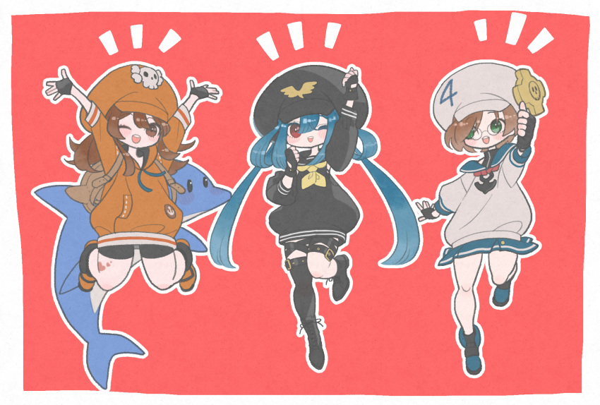 2tsubu 3girls april_(guilty_gear) asymmetrical_legwear black_gloves black_jacket black_thighhighs blue_hair border brown_hair cabbie_hat cheering dizzy_(guilty_gear) dolphin fingerless_gloves full_body glasses gloves green_eyes guilty_gear guilty_gear_strive hair_between_eyes hands_up hat heart heart_tattoo highres jacket jumping leg_up long_hair long_sleeves may_(guilty_gear) mr._dolphin_(guilty_gear) multiple_girls one_eye_closed open_mouth orange_jacket pirate red_background red_eyes short_hair simple_background skull_and_crossbones tattoo thigh-highs thigh_strap thighs twintails white_border white_jacket