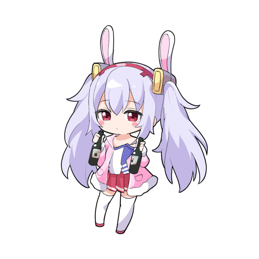 1girl ame. animal_ears azur_lane blush_stickers bottle camisole chibi closed_mouth commentary_request fake_animal_ears full_body fur-trimmed_jacket fur-trimmed_sleeves fur_trim grey_hair hair_between_eyes hairband highres holding holding_bottle jacket laffey_(azur_lane) long_hair long_sleeves off_shoulder open_clothes open_jacket pink_jacket rabbit_ears red_eyes red_footwear red_hairband shoes solo standing thigh-highs twintails very_long_hair white_camisole white_thighhighs