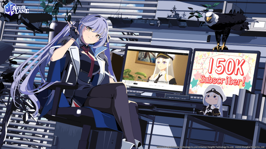 2girls absurdres azur_lane black_gloves black_pantyhose blue_hair closed_mouth crossed_legs edoya_inuhachi enterprise_(azur_lane) essex_(azur_lane) fingerless_gloves gloves hand_up highres indoors jacket long_hair looking_at_viewer multiple_girls necktie official_art on_chair open_clothes open_jacket pantyhose red_necktie short_sleeves sitting smile solo_focus stuffed_toy twintails v very_long_hair yellow_eyes