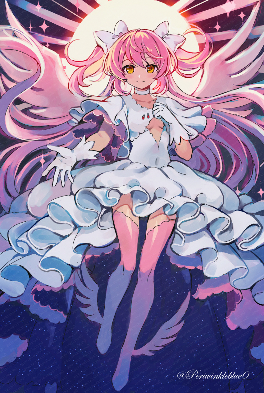1girl ankle_wings blush breasts choker cleavage_cutout clothing_cutout dress floating frilled_dress frilled_sleeves frills full_body gloves goddess_madoka hair_between_eyes hair_ribbon hc_(razel1) highres kaname_madoka light_particles long_hair looking_at_viewer mahou_shoujo_madoka_magica pink_hair pink_thighhighs reaching reaching_towards_viewer ribbon shiny_clothes signature small_breasts smile solo sparkle star_(sky) thigh-highs twitter_username two_side_up very_long_hair white_choker white_dress white_gloves white_ribbon wings yellow_eyes