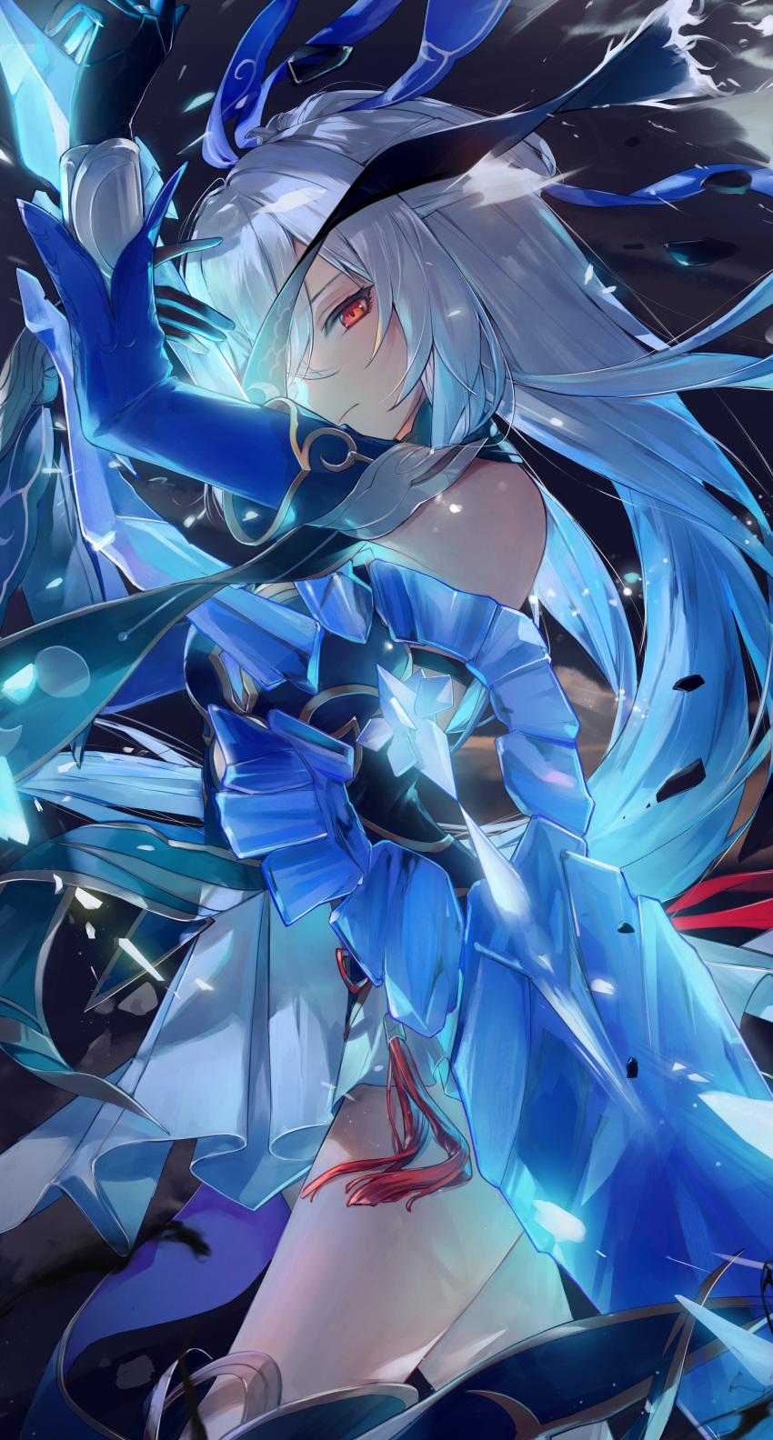 1girl absurdres bare_shoulders black_blindfold black_gloves blindfold blue_dress blue_sleeves chinese_clothes closed_mouth detached_sleeves dress gloves hair_between_eyes highres holding holding_sword holding_weapon honkai:_star_rail honkai_(series) jingliu_(honkai:_star_rail) kamatoyu long_hair long_sleeves looking_at_viewer red_eyes solo sword weapon white_hair