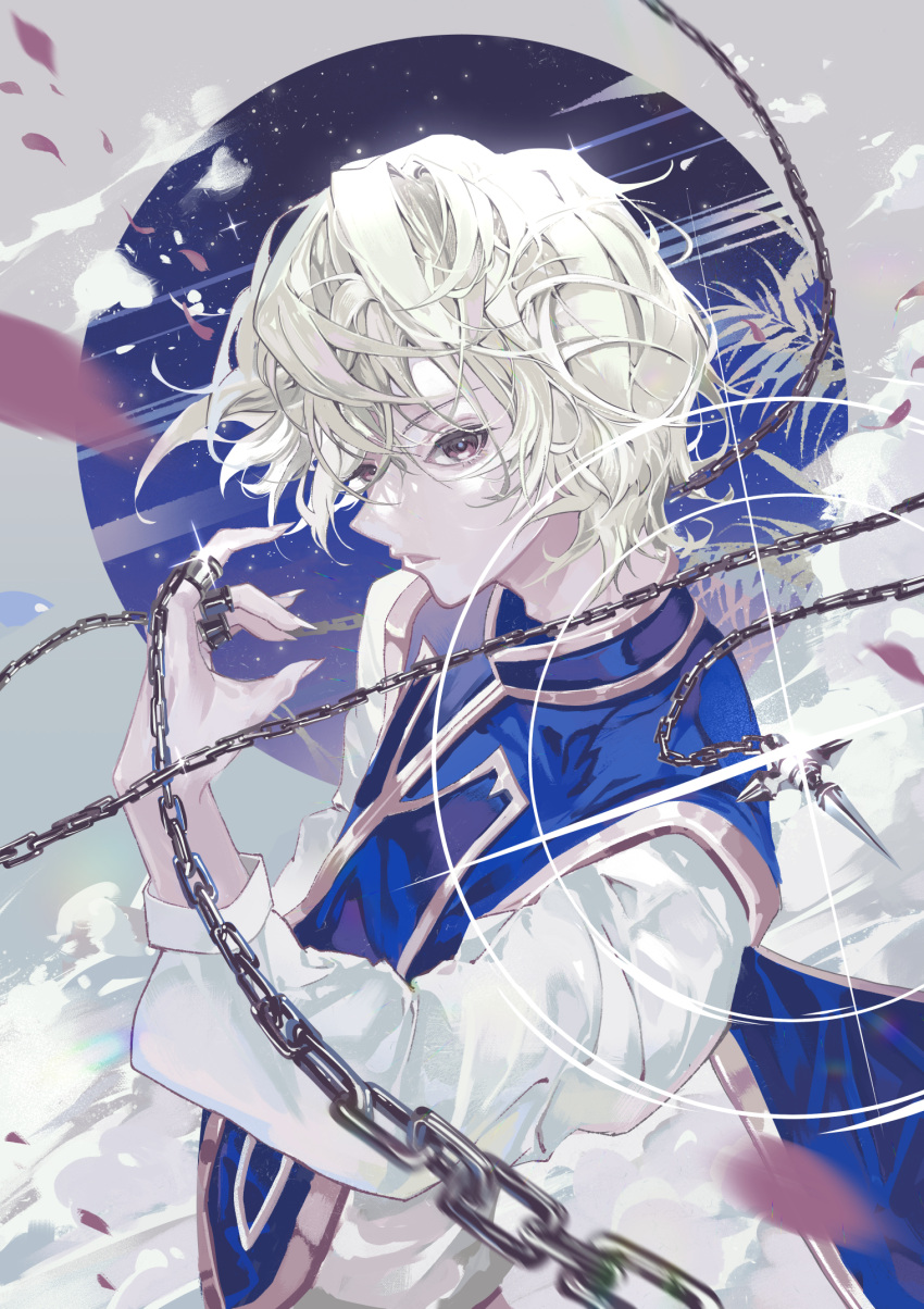 1boy blonde_hair blue_tabard brown_eyes chain dx7537 highres hunter_x_hunter jewelry kurapika looking_at_viewer male_focus parted_lips ring short_hair solo tabard