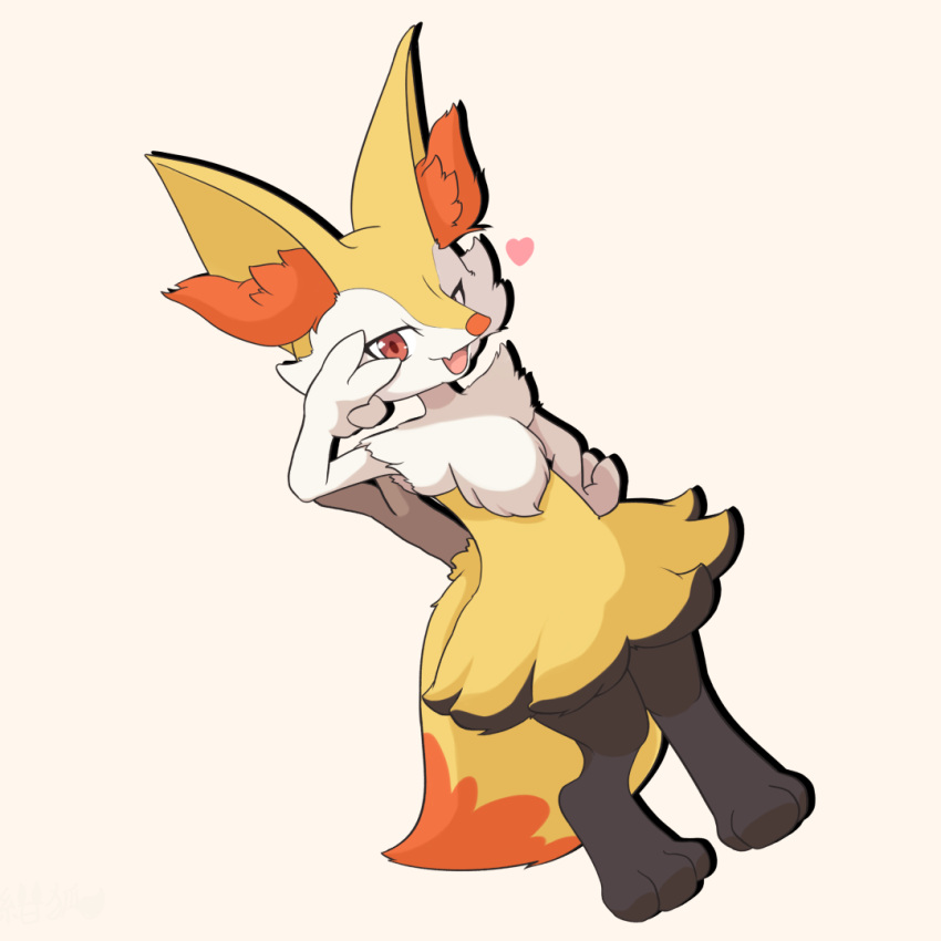 1girl animal_ear_fluff animal_ears animal_feet animal_nose arm_up black_fur braixen commentary drop_shadow dutch_angle fang flat_chest fox_ears fox_girl fox_tail full_body furry furry_female hand_on_own_hip hand_up happy heart konkitsune_koukou looking_at_viewer multicolored_fur open_mouth pokemon pokemon_(creature) red_eyes simple_background skin_fang smile snout solo standing stick tail v_over_eye white_background white_fur yellow_fur