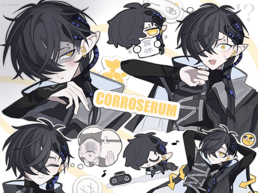 !? &gt;_&lt; 1boy :d arknights arms_behind_head black_hair black_jacket braid bruise bruise_on_face character_name chibi chibi_inset closed_eyes commentary corroserum_(arknights) cropped_torso dancing emoji eye_mask eyebrow_piercing hair_over_one_eye hand_up highres injury jacket long_hair looking_at_viewer looking_up male_focus multiple_views nomochi_(cab8d9) open_mouth paperclip piercing pointy_ears profile shaded_face side_braid slit_pupils smile snake_boy snake_tail surprised sweat tail translation_request twitter_username upper_body wide-eyed xd yellow_eyes