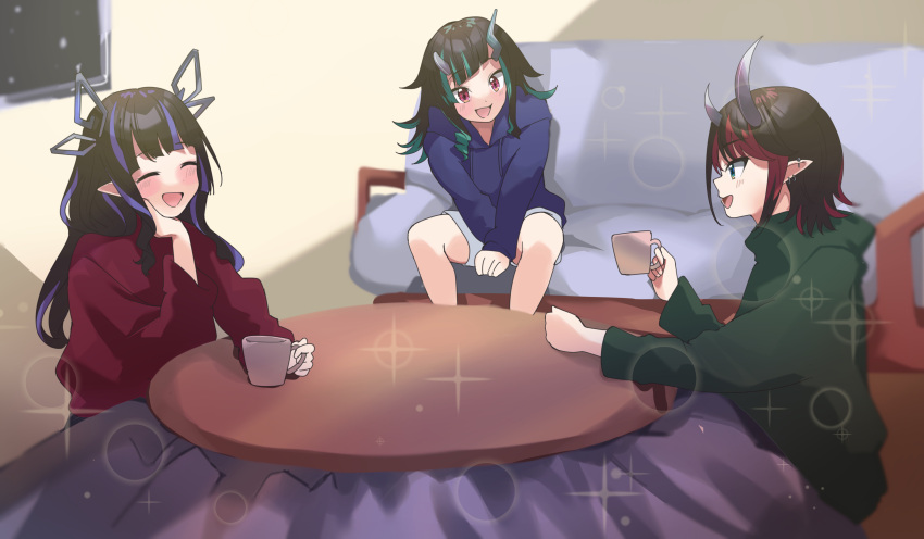 3girls absurdres black_hair blue_eyes blue_hair blue_hoodie blunt_bangs closed_eyes commentary_request couch cup demon_girl demon_horns feet_out_of_frame flat_chest green_hoodie highres holding holding_cup hood hoodie horns indoors kojo_anna kotatsu long_hair long_sleeves looking_at_another mug multicolored_hair multiple_girls nanashi_inc. open_mouth pointy_ears purple_hair red_eyes red_hoodie redhead ryugasaki_rene shishio_chris short_hair smile sparkle sugar_lyric table two-tone_hair virtual_youtuber zono_(inokura_syuzo029)