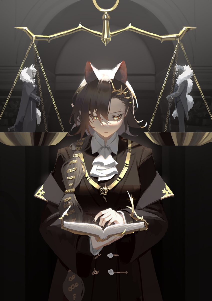 1boy 2girls animal_ears arknights ascot balance_scale bernardo_bellone_(arknights) black_cape black_nails black_theme book brown_hair cape cattie_art commentary english_commentary feather_boa frown fur-trimmed_cape fur_trim gold_trim gradient_background grey_background grey_hair half-closed_eyes highres holding holding_book long_hair looking_down mole_above_eye multiple_girls nail_polish open_book penance_(arknights) serious signora_sicilia_(arknights) slit_pupils upper_body weighing_scale white_ascot wolf_boy wolf_ears wolf_girl yellow_eyes