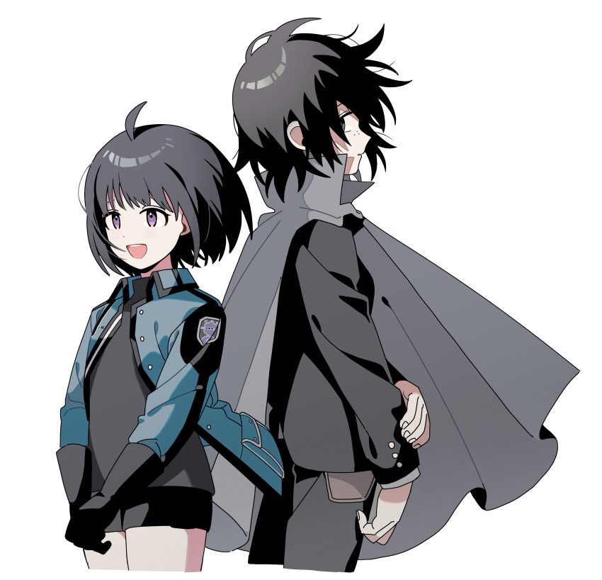 2girls :d absurdres ahoge amatori_chika back-to-back black_gloves black_hair black_jacket black_pants black_shorts blue_jacket bob_cut cropped_legs floating_hair freckles gloves grey_cloak grey_shirt hand_on_own_arm hatohara_mirai highres jacket korean_commentary long_sleeves looking_ahead looking_at_viewer mikumo_squad's_uniform multiple_girls nana_0253 ninomiya_squad's_uniform open_clothes open_jacket open_mouth own_hands_together pants profile shirt short_hair shorts sideways_glance simple_background smile v_arms violet_eyes white_background wind world_trigger