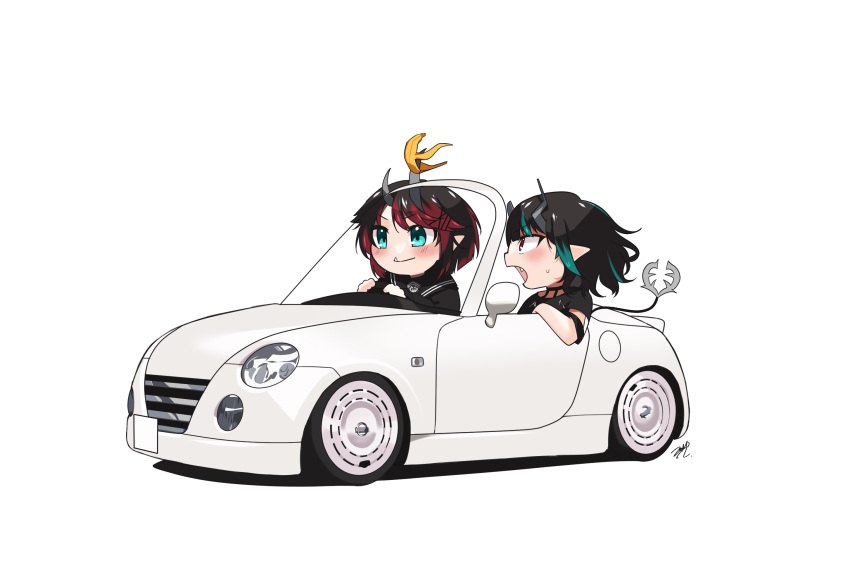 2girls banana_peel black_dress black_hair blue_eyes blue_hair blush car chibi closed_mouth commentary_request convertible daihatsu_copen demon_girl demon_horns demon_tail dress driving fang highres horns looking_at_another medium_bangs medium_hair motor_vehicle multicolored_hair multiple_girls nanashi_inc. official_alternate_costume open_mouth pointy_ears red_eyes redhead ryugasaki_rene ryugasaki_rene_(3rd_costume) shishio_chris shishio_chris_(3rd_costume) short_hair short_sleeves signature simple_background smile tail two-tone_hair upper_body vehicle_focus virtual_youtuber white_background zono_(inokura_syuzo029)