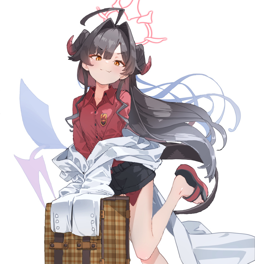 1girl ahoge arm_support bare_legs black_hair black_shorts blue_archive blush coat coat_partially_removed commentary demon_horns demon_tail doyagao fang floating_hair hair_intakes halo highres horns hoshi_umi kasumi_(blue_archive) lab_coat long_hair looking_at_viewer red_shirt sandals shirt shorts simple_background skin_fang sleeves_past_fingers sleeves_past_wrists smug solo standing standing_on_one_leg tail very_long_hair white_background white_coat