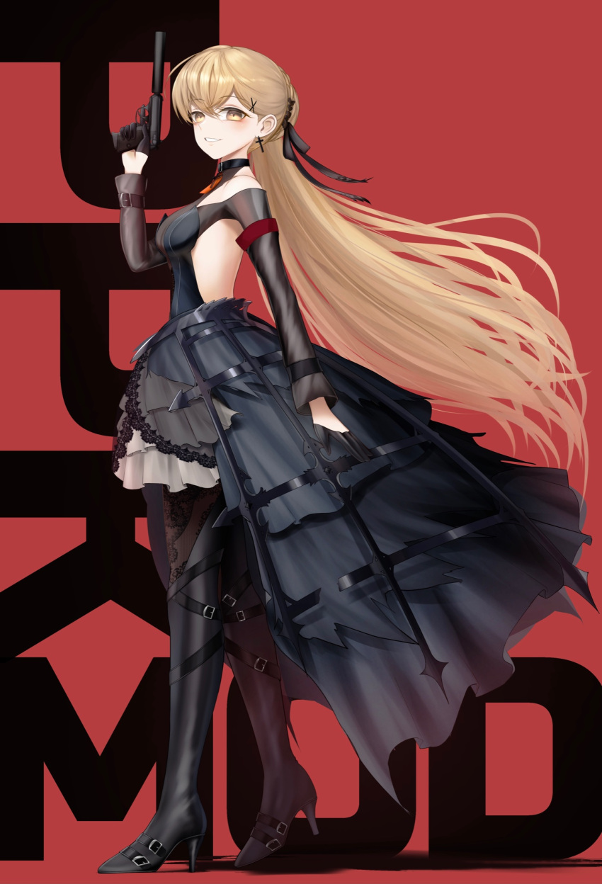 1girl backless_dress backless_outfit bare_shoulders black_gloves blonde_hair blush boots breasts brown_eyes cross cross_earrings dress earrings full_body girls_frontline gloves guchagucha gun hair_ornament hairclip half_gloves handgun high_heel_boots high_heels highres jewelry long_hair looking_at_viewer medium_breasts parted_lips ppk_(girls'_frontline) ppk_(mod3)_(girls'_frontline) smile solo suppressor thigh_boots trigger_discipline very_long_hair walther walther_ppk weapon