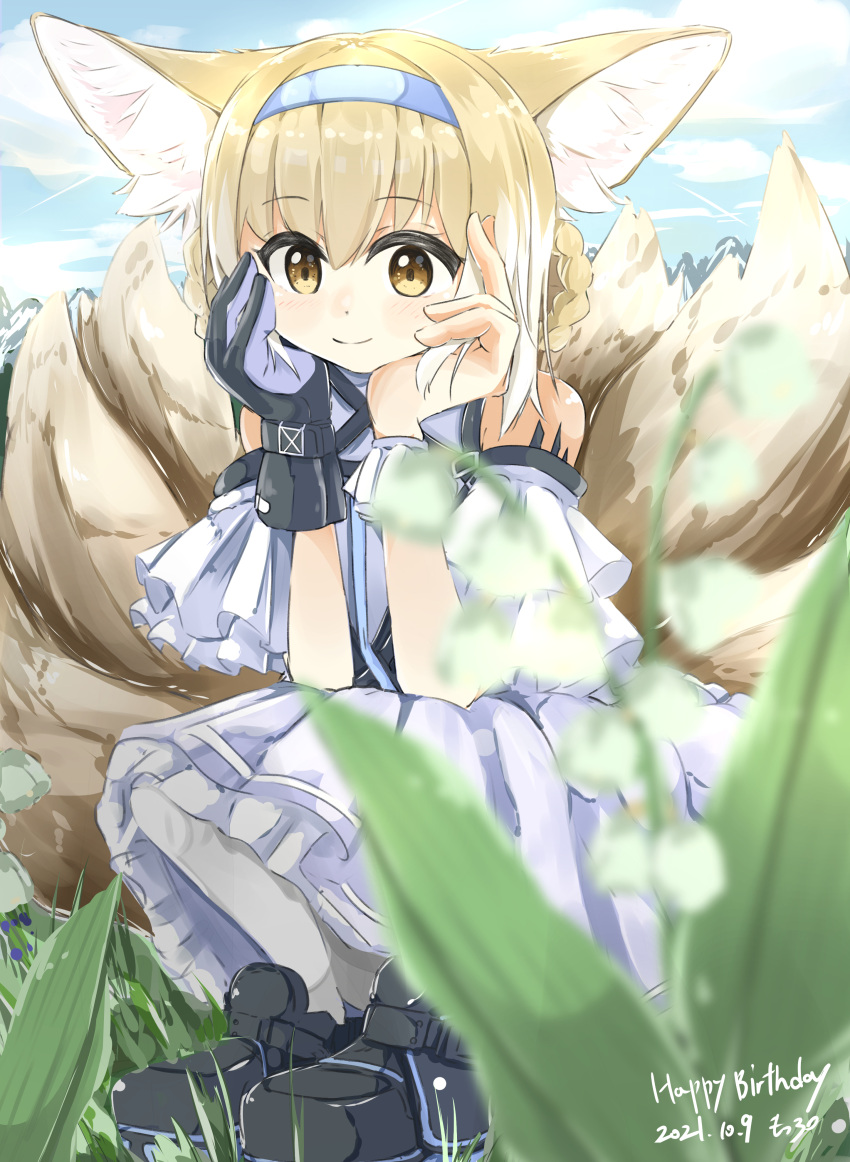 1girl absurdres animal_ear_fluff animal_ears arknights bare_shoulders black_footwear black_gloves blonde_hair blue_hairband blurry blurry_foreground braid braided_hair_rings closed_mouth clothing_cutout colored_tips commentary dated depth_of_field dress flower fox_ears fox_girl fox_tail frilled_sleeves frills full_body gloves hair_rings hairband happy_birthday highres kitsune kyuubi lily_of_the_valley looking_at_viewer motsupu multicolored_hair multiple_tails name_connection object_namesake oripathy_lesion_(arknights) pantyhose purple_dress shoes short_sleeves shoulder_cutout single_glove solo squatting suzuran_(arknights) tail twin_braids two-tone_hair white_hair white_pantyhose wrist_cuffs yellow_eyes