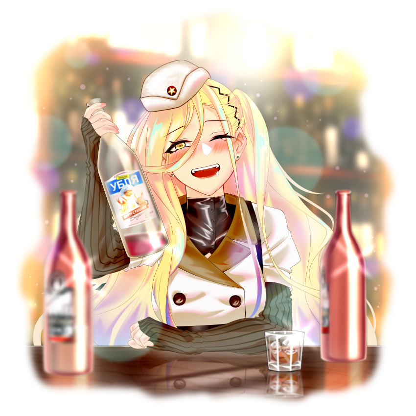 1girl a-91_(girls'_frontline) absurdres alcohol bar_(place) blonde_hair blurry blurry_background blush commission commissioner_upload drunk girls_frontline hat highres long_hair mole mole_under_eye non-web_source one_eye_closed one_side_up open_mouth samsam_s2s smile yellow_eyes