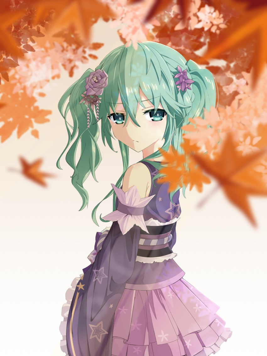 1girl closed_mouth date_a_live detached_sleeves flower frilled_sleeves frills green_eyes green_hair hair_flower hair_ornament highres japanese_clothes kimono leaf looking_to_the_side maple_leaf nasaku_(77natsumi77) natsumi_(date_a_live) purple_kimono twintails upper_body