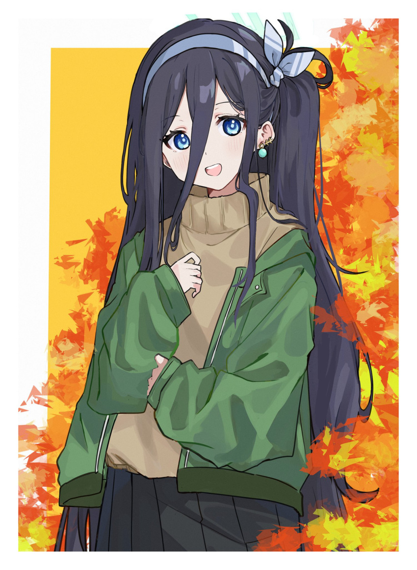 1girl absurdly_long_hair alternate_costume aris_(blue_archive) autumn autumn_leaves black_hair black_skirt blue_archive blue_eyes blush brown_sweater earrings green_halo green_jacket halo haruharu_sensei highres jacket jewelry long_hair long_sleeves looking_at_viewer open_mouth pleated_skirt skirt smile solo sweater upper_body very_long_hair